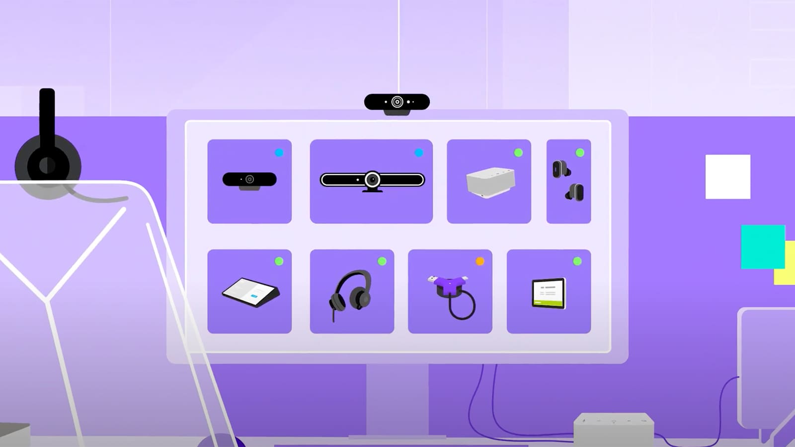 Logitech Sync illustration showing monitored workplace video devices on a management display