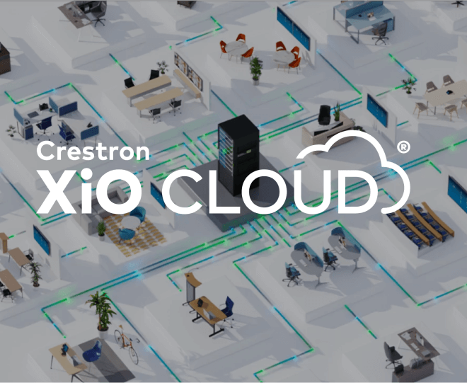 Crestron XiO Cloud graphic connecting workplace technology across office spaces