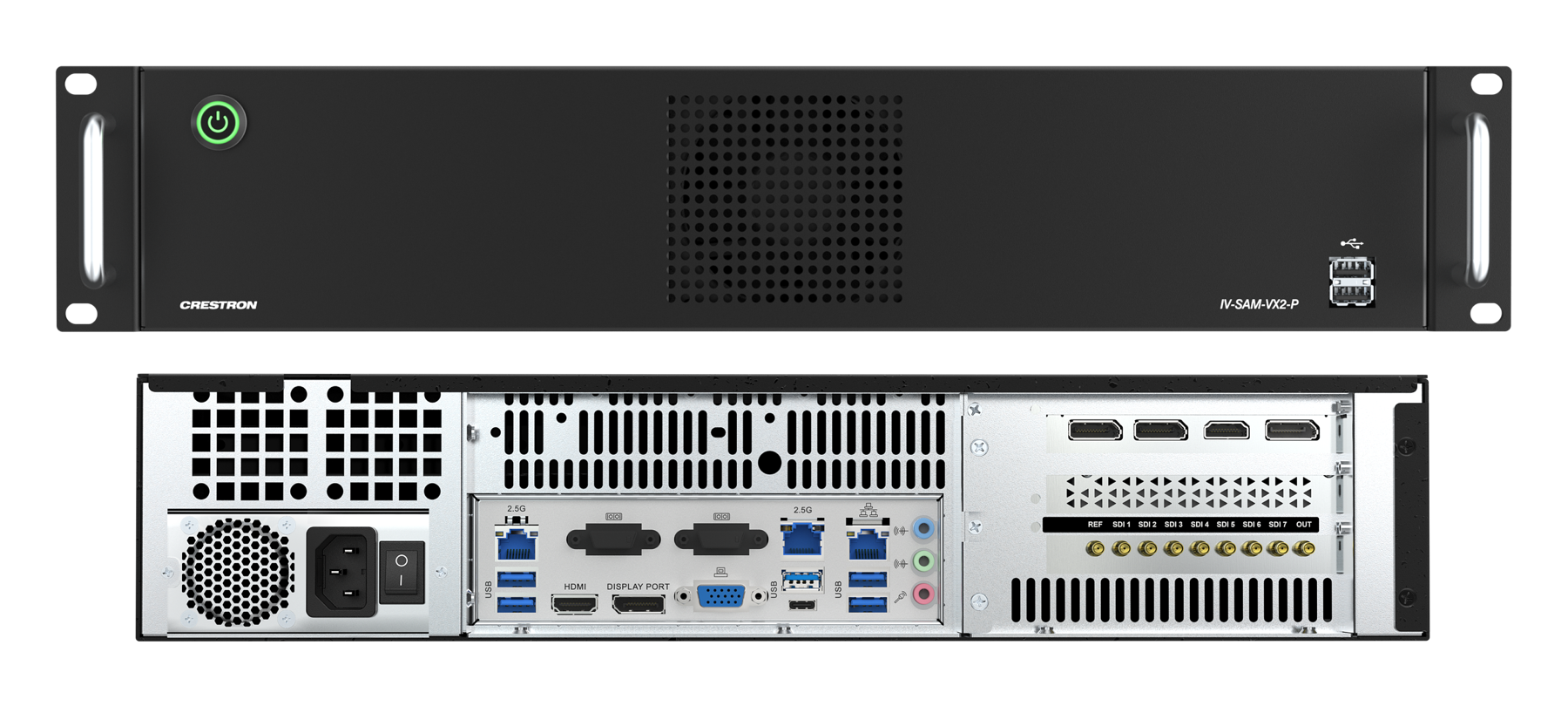Crestron Automate VX2 Pro processor shown with included rack and connection accessories