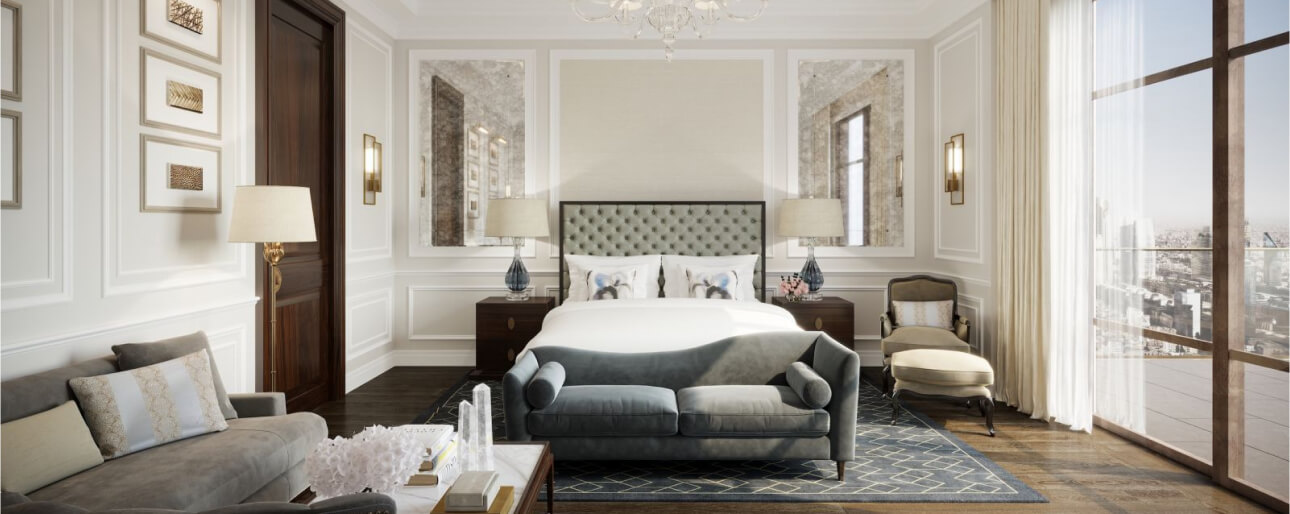 Contemporary hotel guest room with lighting, window coverings and climate systems to coordinate