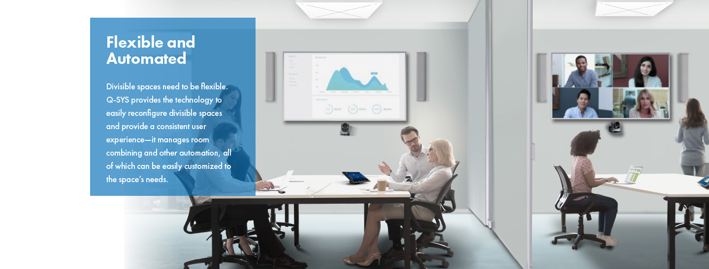 Q-SYS concept image showing two collaboration rooms operating independently across a movable partition