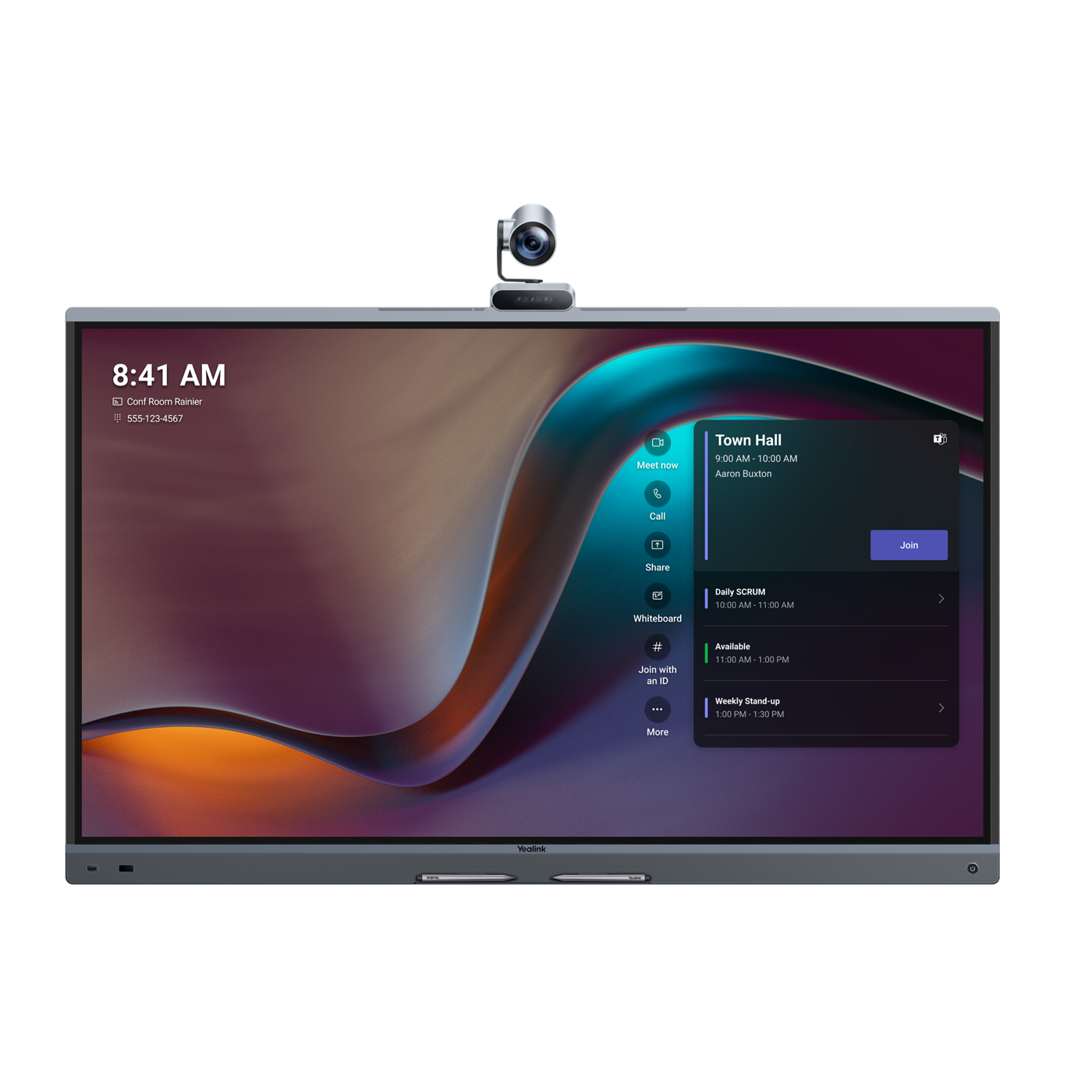 Yealink MeetingBoard Pro all-in-one collaboration display shown with its integrated camera system