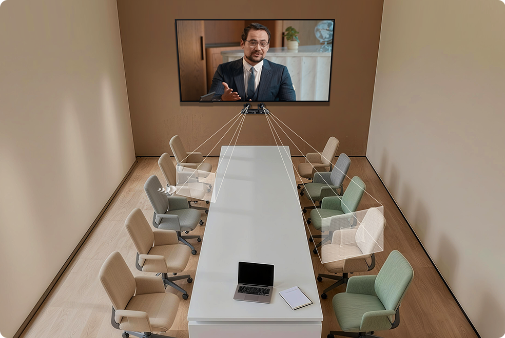 Boardroom illustration showing camera coverage lines from the display wall to participants