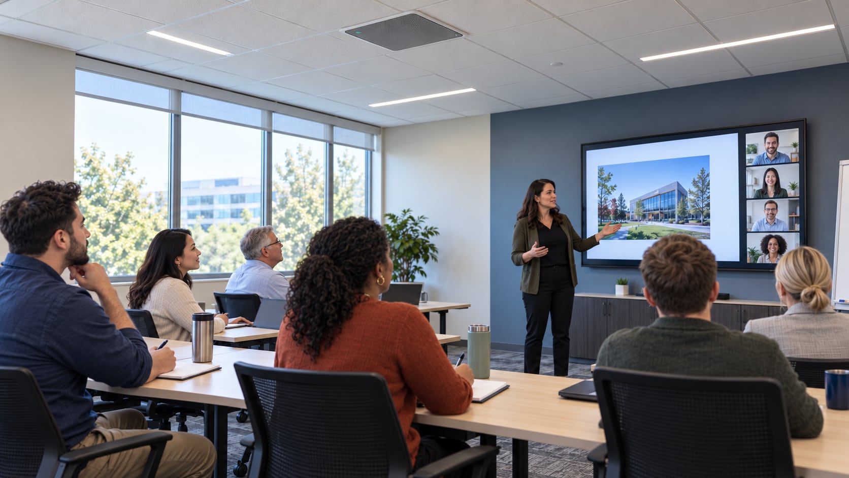Hybrid learning room with a movable touchscreen collaboration board